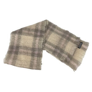 Vintage Foxford Mohair Wool Rectangle Scarf 9x58 Pink Gray Beige Plaid Ireland